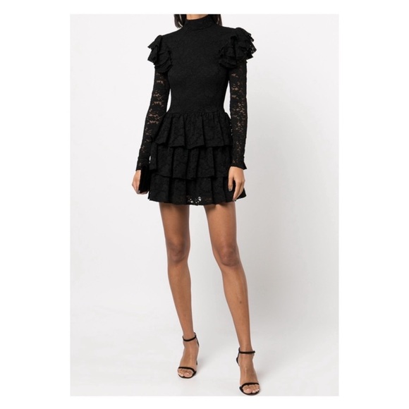 New! Caroline Constas Emily Lace Ruffle Mini Dress Long Sleeve in Black - Picture 2 of 12